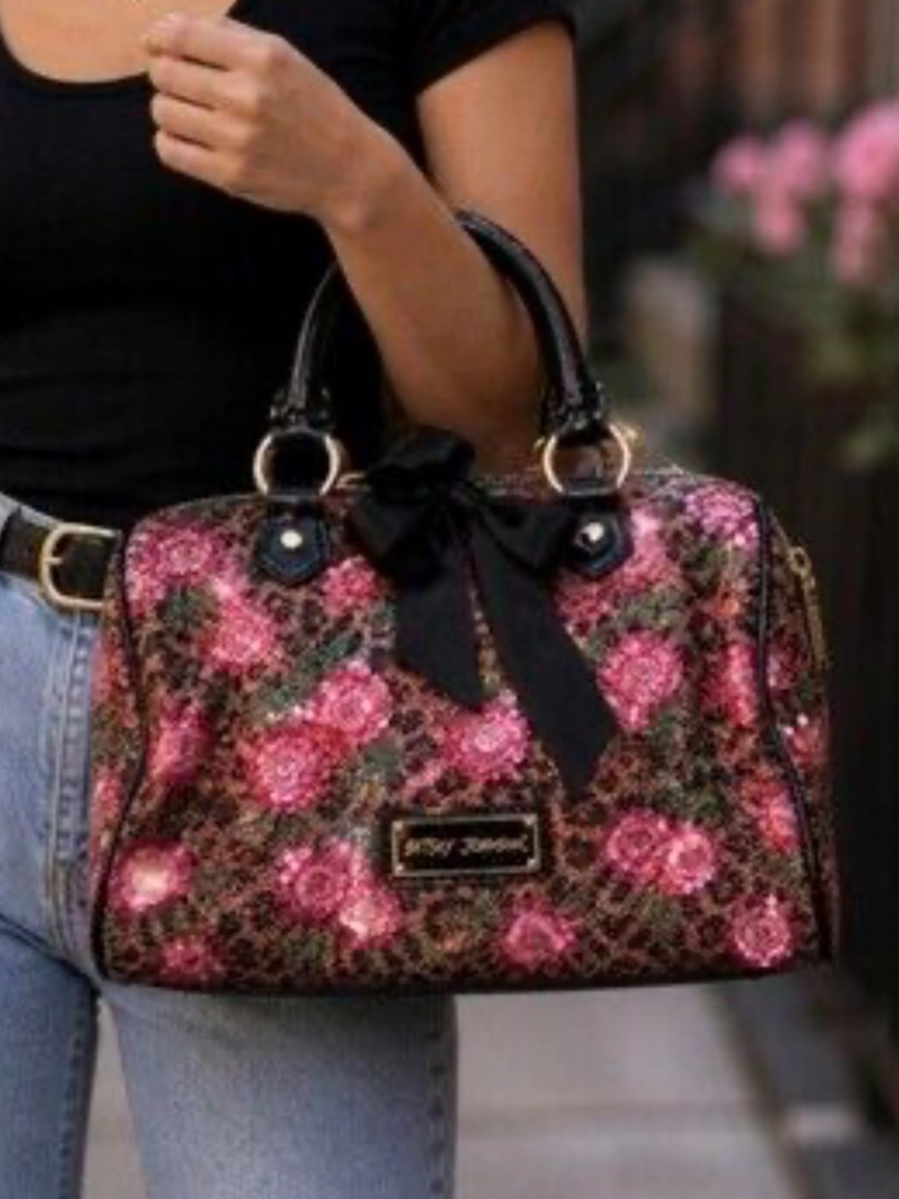 Betsey Johnson Floral Leopard Satchel, Sequin Accent - Picture 2 of 6